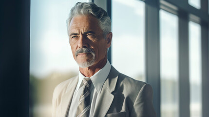 Naklejka premium Confident senior businessman in a light suit and tie standing by the office window, looking out thoughtfully.
