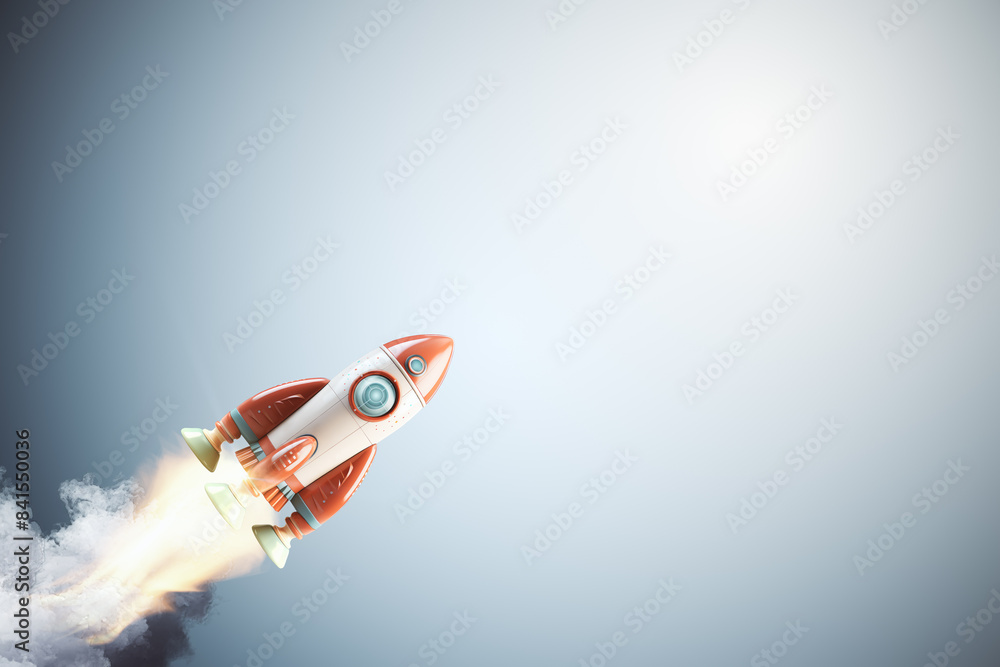 Poster a cartoon rocket launching on a light blue background, symbolizing innovation and progress. generati