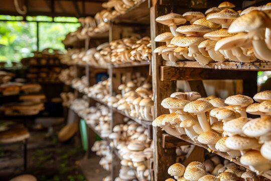 Rows of mushrooms growing indoors on wooden shelves, showcasing an efficient and sustainable fungiculture practice