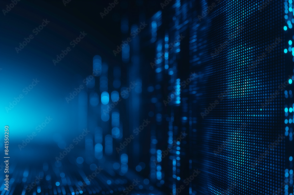 Poster an abstract blue light dots on a dark backdrop, representing technological or digital concept. gener