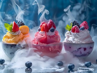 Creative frozen dessert presentation with liquid nitrogen and dry ice effects in a high end restaurant setting