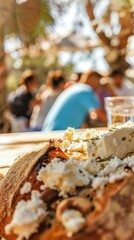 A delicious pizza with cheese and olives on a wooden table.
