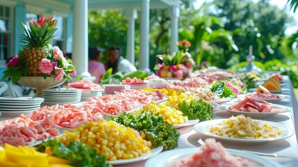 A long garden table decorated with floral arrangements is set for a festive event. food platters, wine glasses and bright floral decor.
Concept: wedding celebration, garden banquet