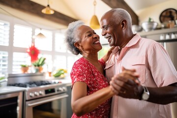 Senior african american couple dancing together in kitchen smiling. retreat, retirement and happy senior lifestyle concept
