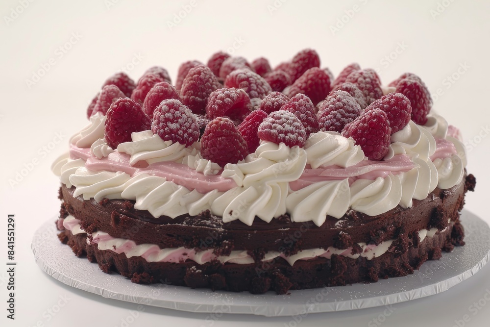 Poster decadent chocolate cake with raspberry topping, featuring layers of whipped cream and a luxurious pr