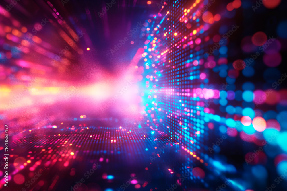 Poster abstract digital backdrop of glowing dots and lines on a dark, blurred background, concept of techno