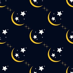 Seamless night sky pattern with moon and little stars around it