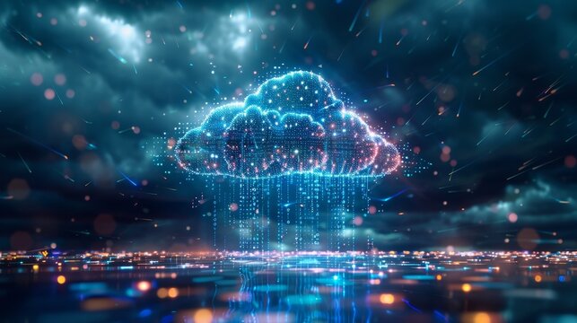 A conceptual image of a cloud raining streams of binary code onto a computer, illustrating the concept of data transfer and cloud services.