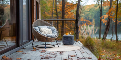Obraz premium A comfortable cozy armchair on the porch of a modern glamping, outdoor recreation with all amenities. Taking care of nature and ecology.