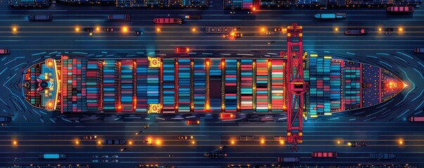 A large cargo ship is sailing through a city at night. The ship is surrounded by many cars and trucks, and the lights from the vehicles and the ship create a bright and colorful scene
