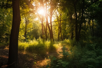 Picturesque summer forest landscape. Sun shining through the leaves of the trees. Generative AI