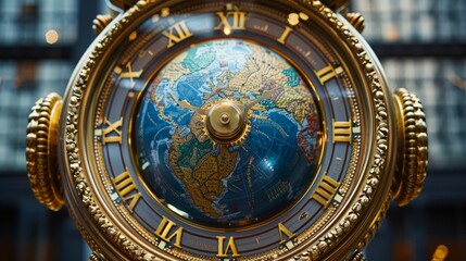 Fototapeta premium A globe integrated into a clock face, showing different time zones, emphasizing the idea of a global community.