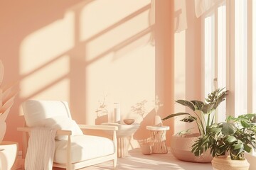 Minimalist Scandinavian Living Room Interior Design with Peach-Colored Wall, Light Pink Wooden Floor, and Natural Sunlight. Elegant Home Decor Featuring White Arched Window, Cozy Armchair, Shelf with 