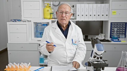 Serious grey-hair senior man, a seasoned scientist, working diligently in the lab, taking notes and speaking about his cutting-edge research. a true portrait of devotion to science and medicine.