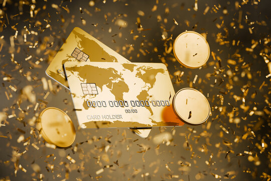 Credit. Acquiring. Bank cards for non-cash payments. Processing of non-cash payments. Acquiring services in retail trade. Sale of banking services. Shopping online with a credit card. 3D render.