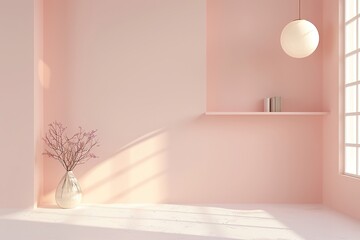 Minimalist Scandinavian Living Room Interior Design with Peach-Colored Wall, Light Pink Wooden Floor, and Natural Sunlight. Elegant Home Decor Featuring White Arched Window, Cozy Armchair, Shelf with 