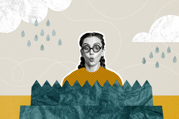 Composite photo collage of astonished nerd girl wear glasses braids hairdo bad weather rain drop...