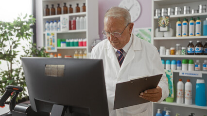 Grey-haired, elderly, caucasian man in a pharmacy reading a clipboard next to a computer monitor indoors, stock photo depicting a mature pharmacist or chemist working in a drugstore.