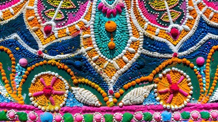 Fototapeta premium Vibrant, detailed texture pattern made from colorful grains forms an intricate traditional design.