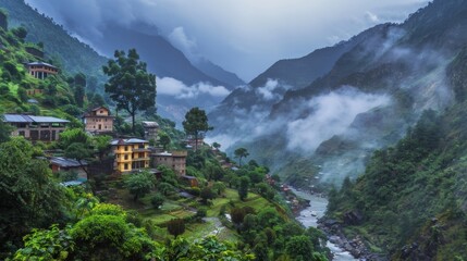 A village nestled in the mountains with streams overflowing and greenery flourishing during the monsoon season.
