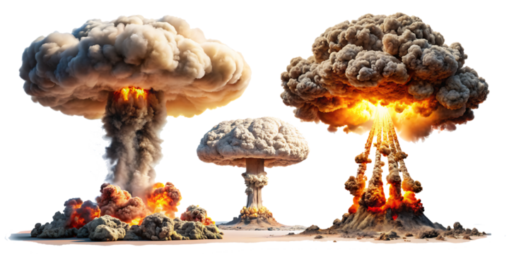  Set of nuclear explosions and mushroom cloud isolated on white background,PNG AI GENERATED