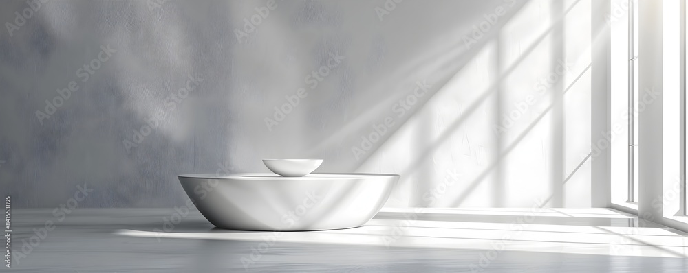 Poster minimalist white table in bright spacious studio with copy space for product display