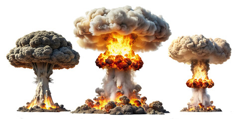  Set of nuclear explosions and mushroom cloud isolated on white background,PNG AI GENERATED