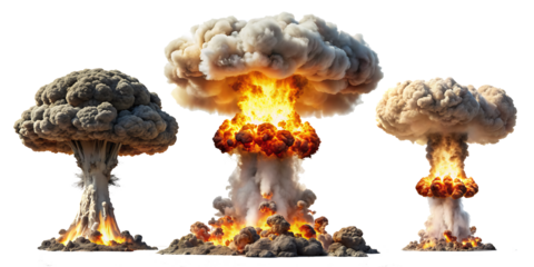  Set of nuclear explosions and mushroom cloud isolated on white background,PNG AI GENERATED