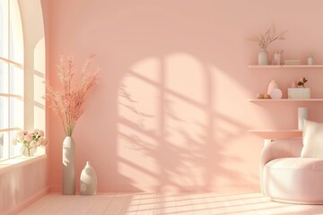 Minimalist Scandinavian Living Room Interior Design with Peach-Colored Wall, Light Pink Wooden Floor, and Natural Sunlight. Elegant Home Decor Featuring White Arched Window, Cozy Armchair, Shelf with 