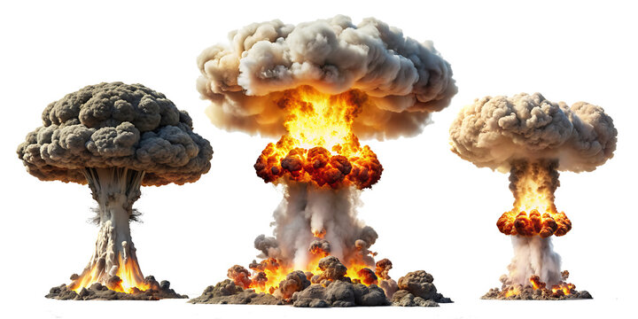 Set of nuclear explosions and mushroom cloud isolated on white background,PNG AI GENERATED