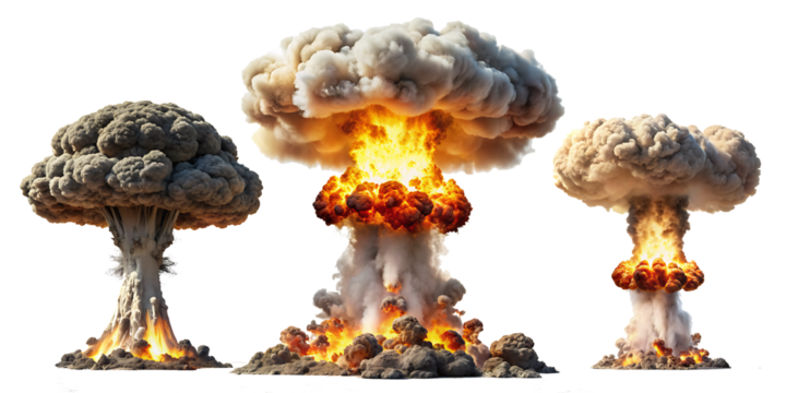  Set of nuclear explosions and mushroom cloud isolated on white background,PNG AI GENERATED