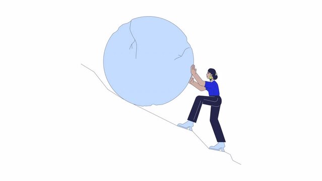 South asian female pushing rock on hill slope line 2D animation. Unemployment problem 4K video motion graphic. Hindu woman working hard linear animated cartoon flat concept, white background