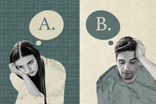 Composite photo collage of two unhappy girl guy conversation quarrel misunderstanding breakup concept isolated on painted background