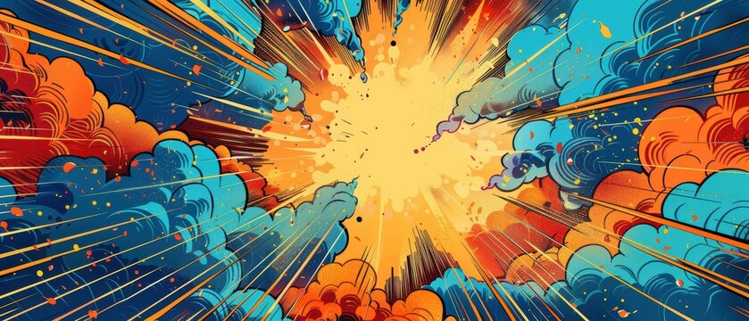 Colorful Comic Book Explosion with Exaggerated Clouds and Dynamic Lines