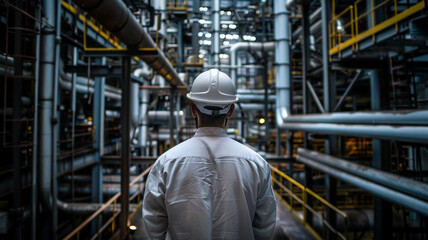 Fototapeta premium A gas industry researcher stands inside a refinery.