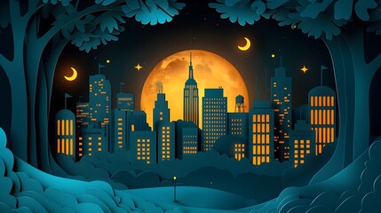 Minimalist Layered Paper Cut Nighttime Cityscape with Glowing Illuminated Skyscrapers and Serene Atmosphere