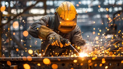 Welder in Protective Gear Creating a Shower of Sparks While Working on Metal in an Industrial Workshop, Emphasizing Precision and Safety.
