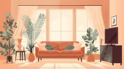 Living room interior. Comfortable sofa, window, chair and house plants. Paper cut style