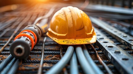 Close-Up of Yellow Hard Hat and Tools on Rebar Grid at Construction Site During Sunset.