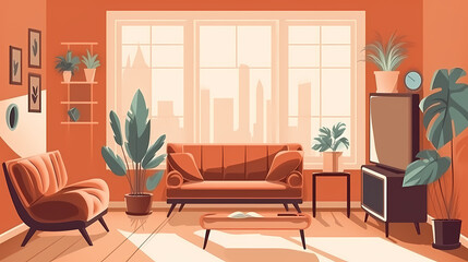 Living room interior. Comfortable sofa, window, chair and house plants. Paper cut style