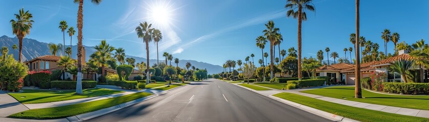 Fototapeta premium Palmlined street with neatly trimmed lawns, sunny afternoon, clear sky