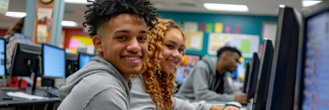In a modern computer lab, high school students collaborate on academic projects. They engage in diverse activities and digital projects, showcasing their teamwork and dedication to learning
