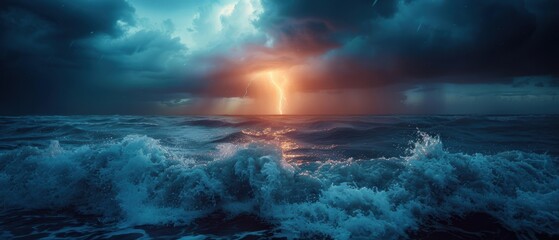 Stormy Night Ocean Lit by a Single Striking Lightning Bolt