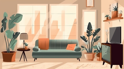 Living room interior. Comfortable sofa, window, chair and house plants. Paper cut style