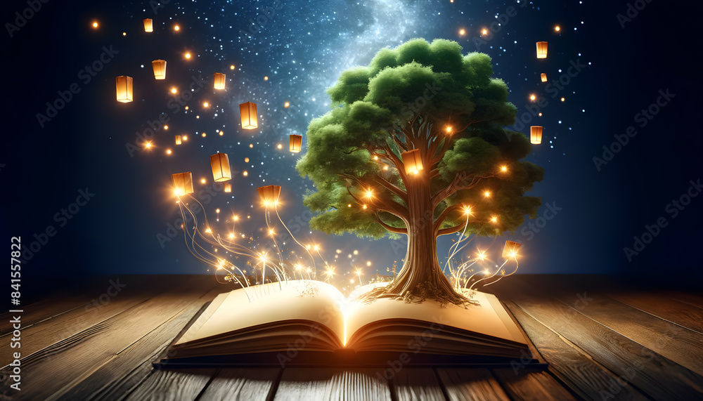Poster a magical scene featuring a majestic tree growing from an open book. the scene is illuminated by flo