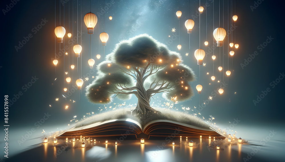 Poster a magical scene featuring a majestic tree growing from an open book. the scene is illuminated by flo