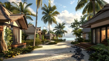 Fototapeta premium Create an image of a serene beachside resort with stylish bungalows and palm trees, representing relaxation and luxury.