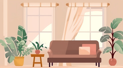 Living room interior. Comfortable sofa, window, chair and house plants. Paper cut style