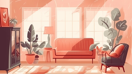 Living room interior. Comfortable sofa, window, chair and house plants. Paper cut style