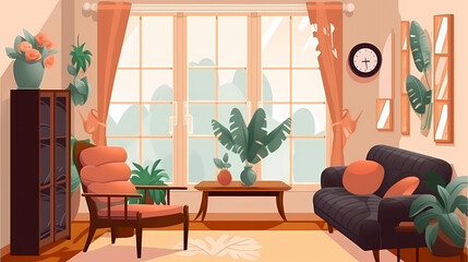 Living room interior. Comfortable sofa, window, chair and house plants. Paper cut style